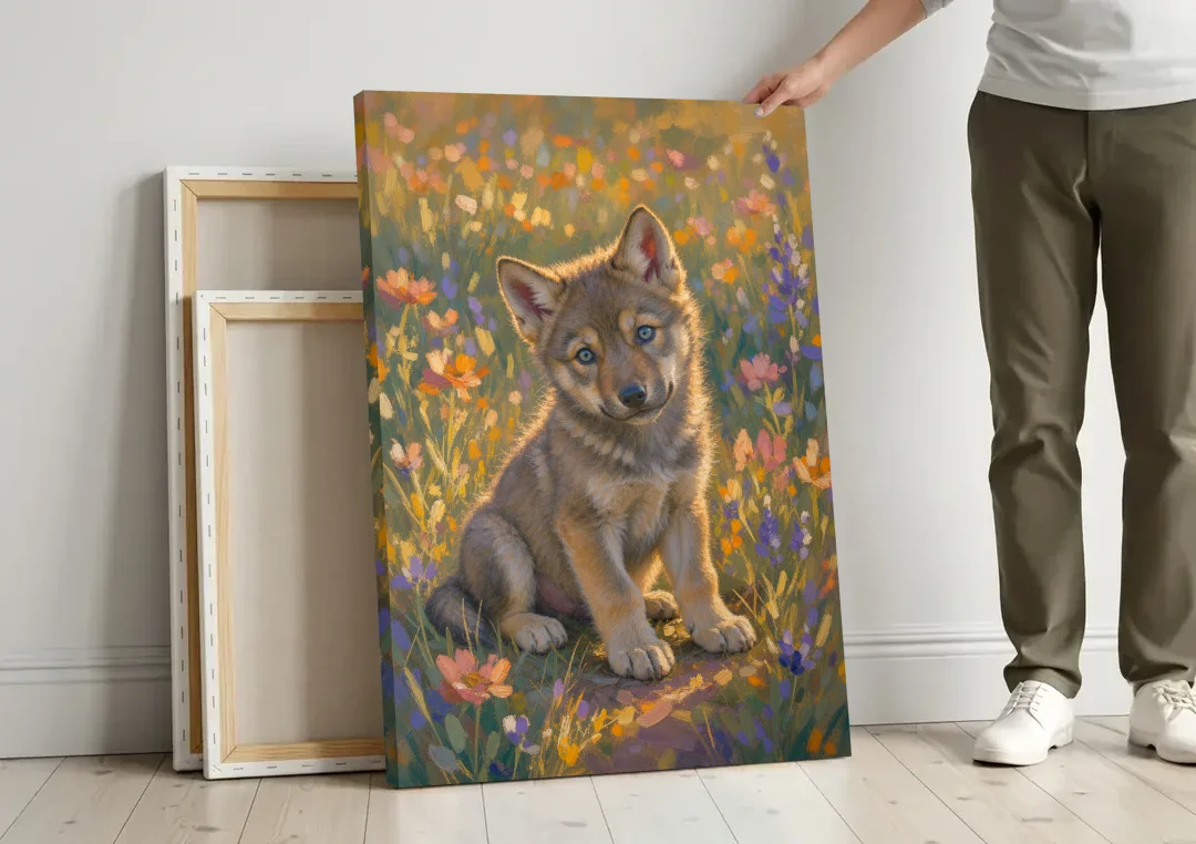Wolf Pup Painting with a Curious Tilt canvas wall art leaning against a wall next to blank canvases