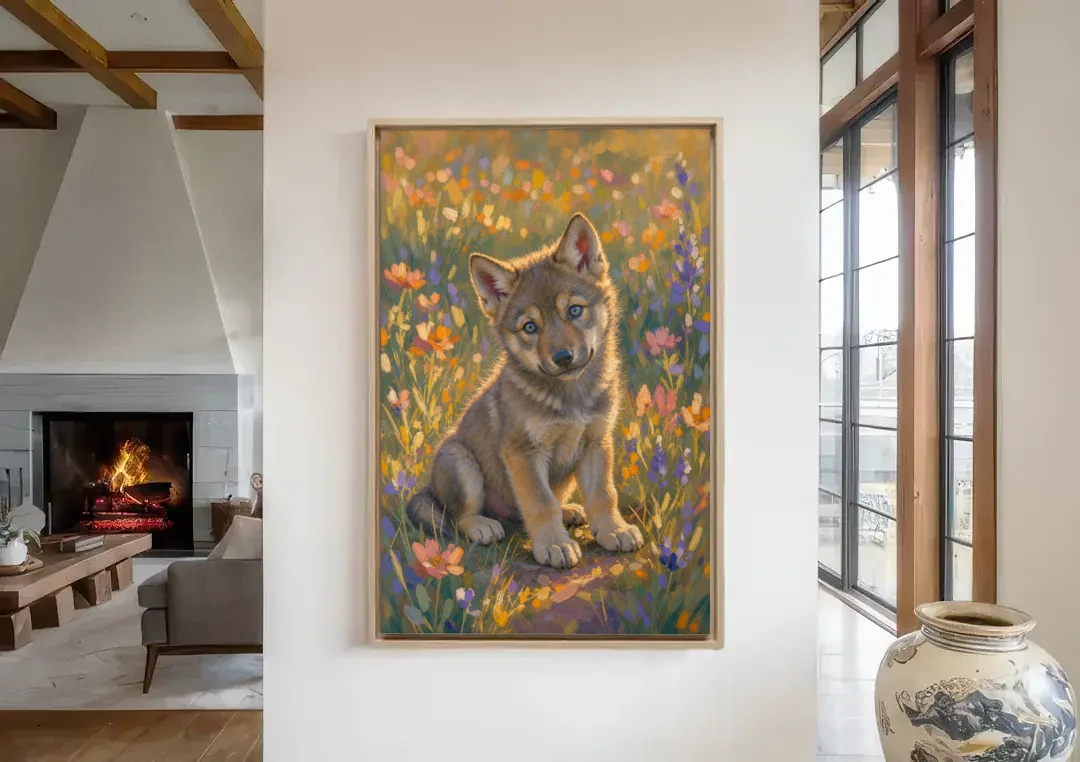 Wolf Pup Painting with a Curious Tilt canvas wall art in a living room with a fireplace