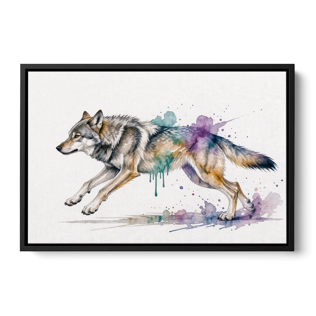 Wolf Watercolor Painting in Full Stride - Black Framed Canvas Wall Art - Front