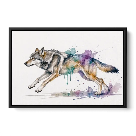 Wolf Watercolor Painting in Full Stride - Black Framed Canvas Wall Art - Front