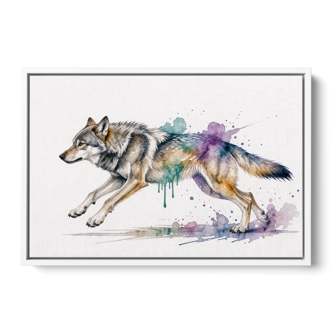 Wolf Watercolor Painting in Full Stride - White Framed Canvas Wall Art - Front