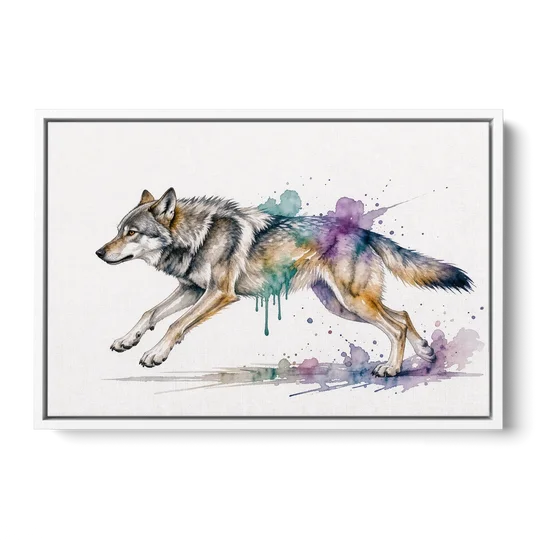 Wolf Watercolor Painting in Full Stride - White Framed Canvas Wall Art - Front