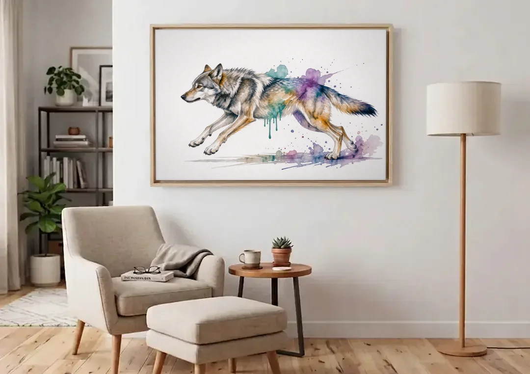 Wolf Watercolor Painting in Full Stride canvas wall art above an armchair in a bright living room