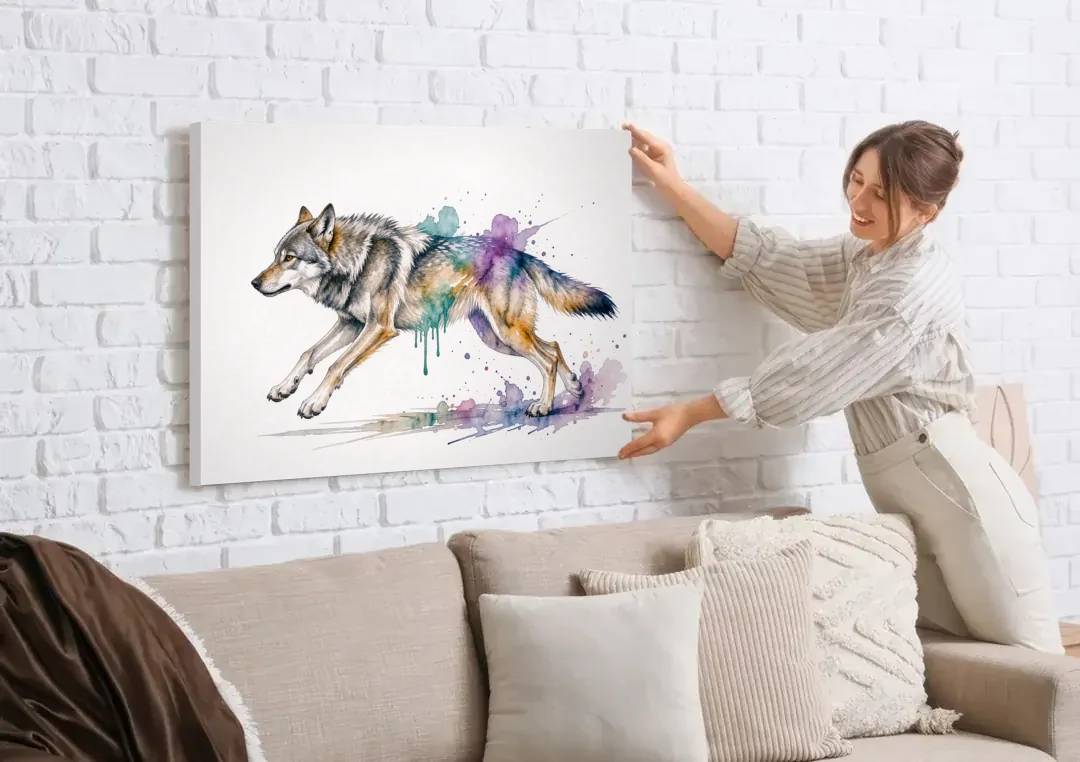 Wolf Watercolor Painting in Full Stride canvas wall art being hung on a white brick wall above a sofa