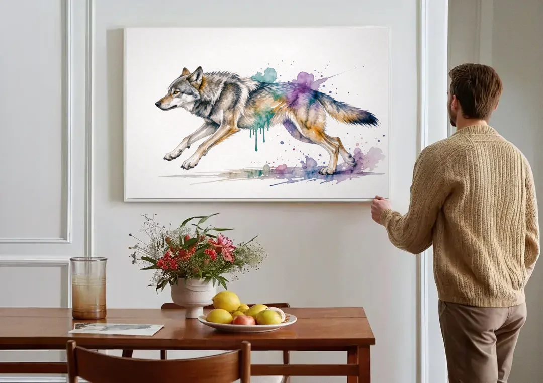 Wolf Watercolor Painting in Full Stride canvas wall art above a dining table