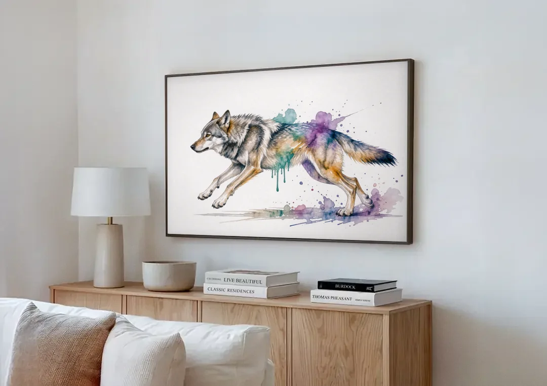 Wolf Watercolor Painting in Full Stride canvas wall art above a wooden sideboard next to a sofa