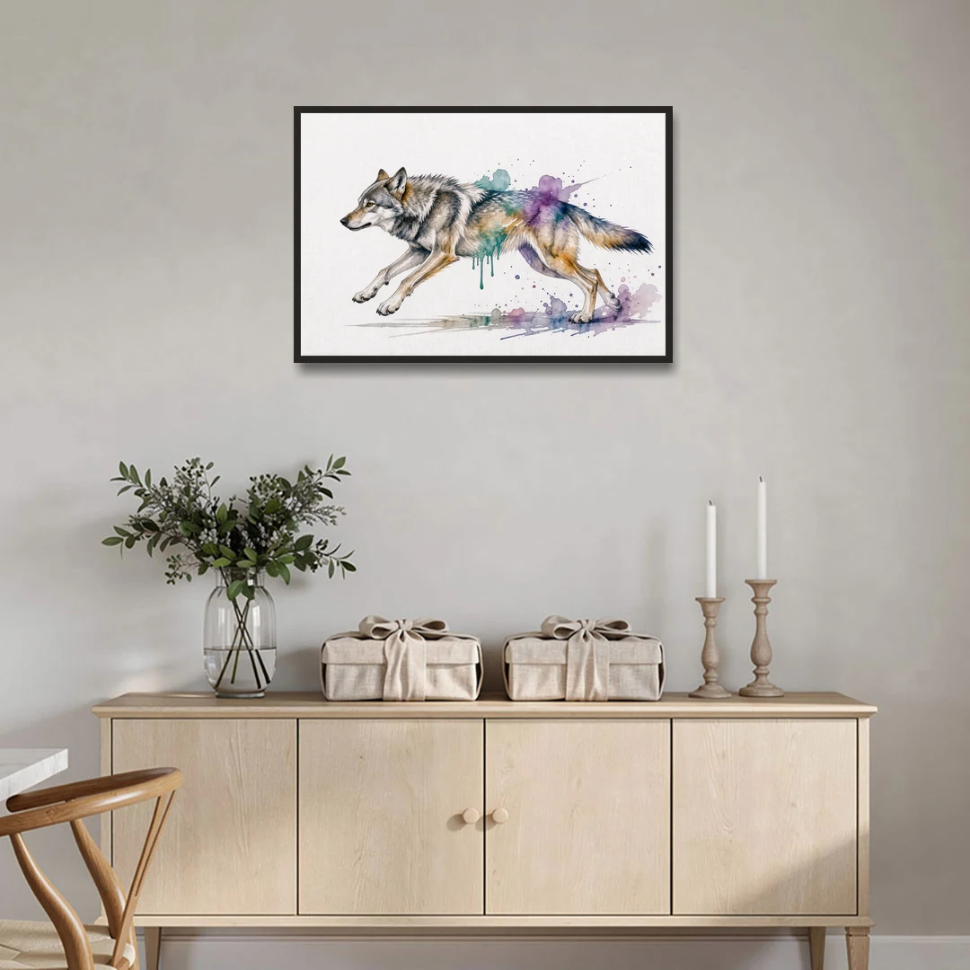 Wolf Watercolor Painting in Full Stride - Black Framed Canvas Wall Art - Coffee Table - 36x24