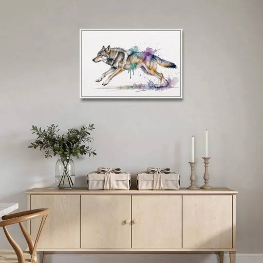 Wolf Watercolor Painting in Full Stride - White Framed Canvas Wall Art - Coffee Table - 36x24