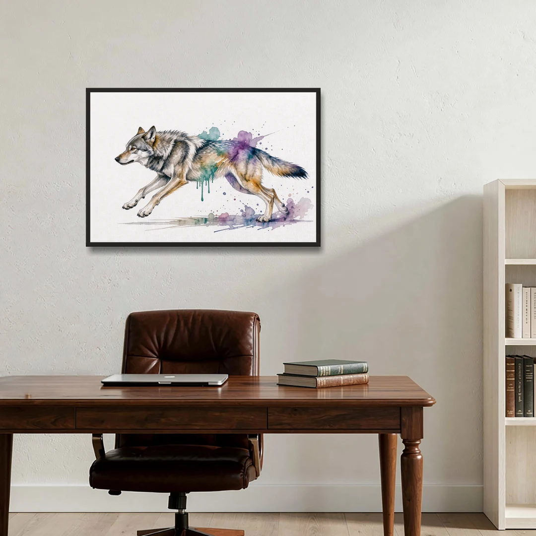 Wolf Watercolor Painting in Full Stride - Black Framed Canvas Wall Art - Office - 36x24
