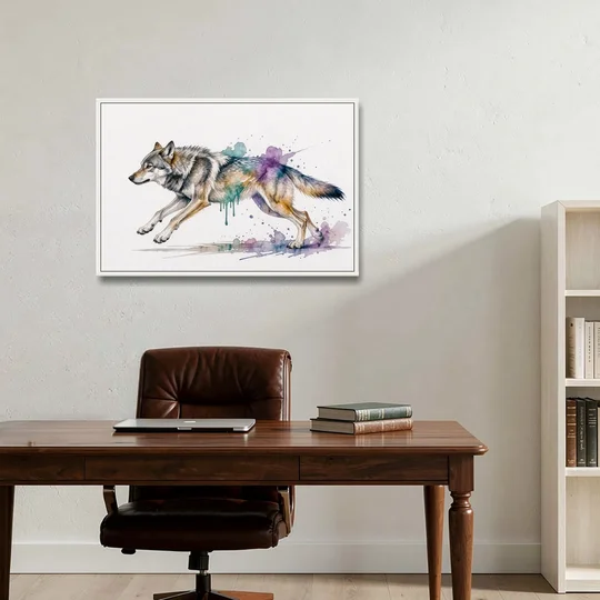 Wolf Watercolor Painting in Full Stride - White Framed Canvas Wall Art - Office - 36x24