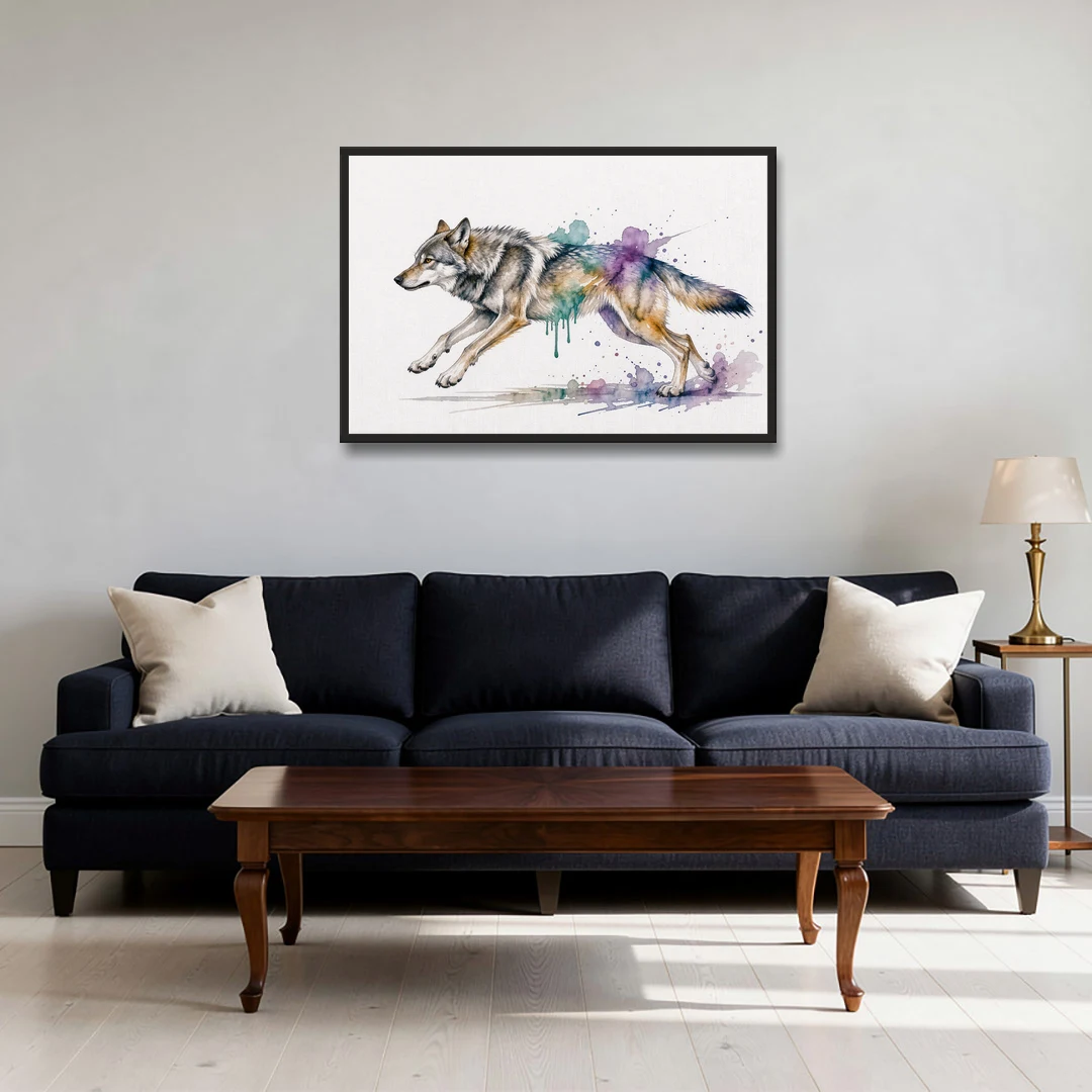 Wolf Watercolor Painting in Full Stride - Black Framed Canvas Wall Art - Sofa - 36x24