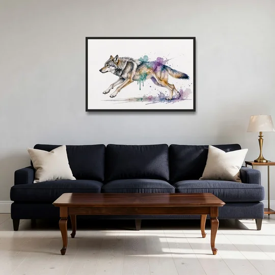 Wolf Watercolor Painting in Full Stride - Black Framed Canvas Wall Art - Sofa - 36x24