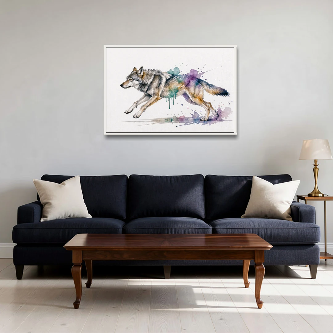 Wolf Watercolor Painting in Full Stride - White Framed Canvas Wall Art - Sofa - 36x24