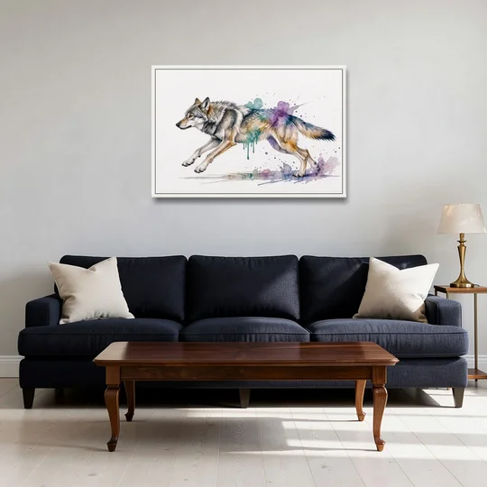 Wolf Watercolor Painting in Full Stride - White Framed Canvas Wall Art - Sofa - 36x24