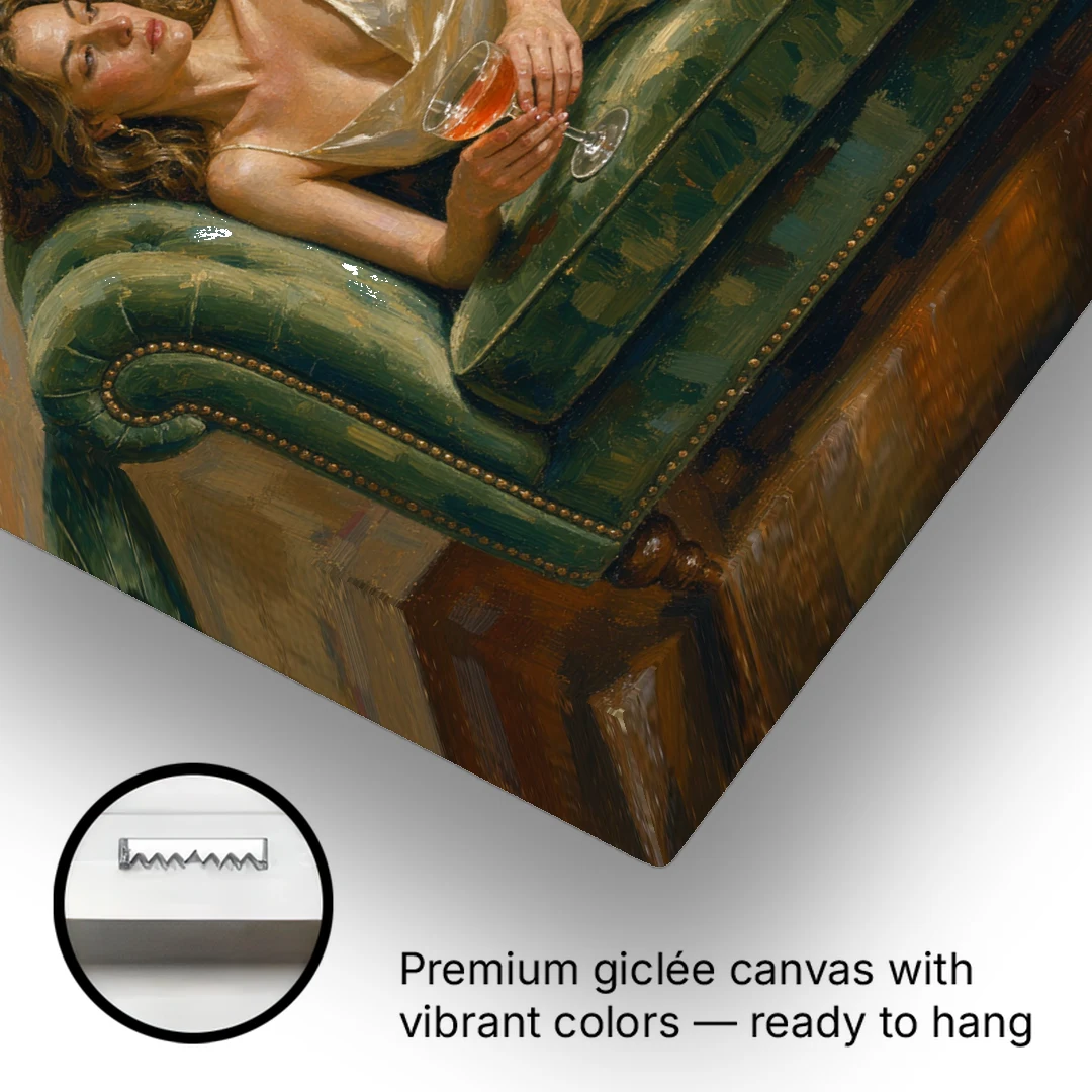Woman on Sofa Painting with a Blush Coupe - Canvas Wall Art - Gallery Wrap Corner