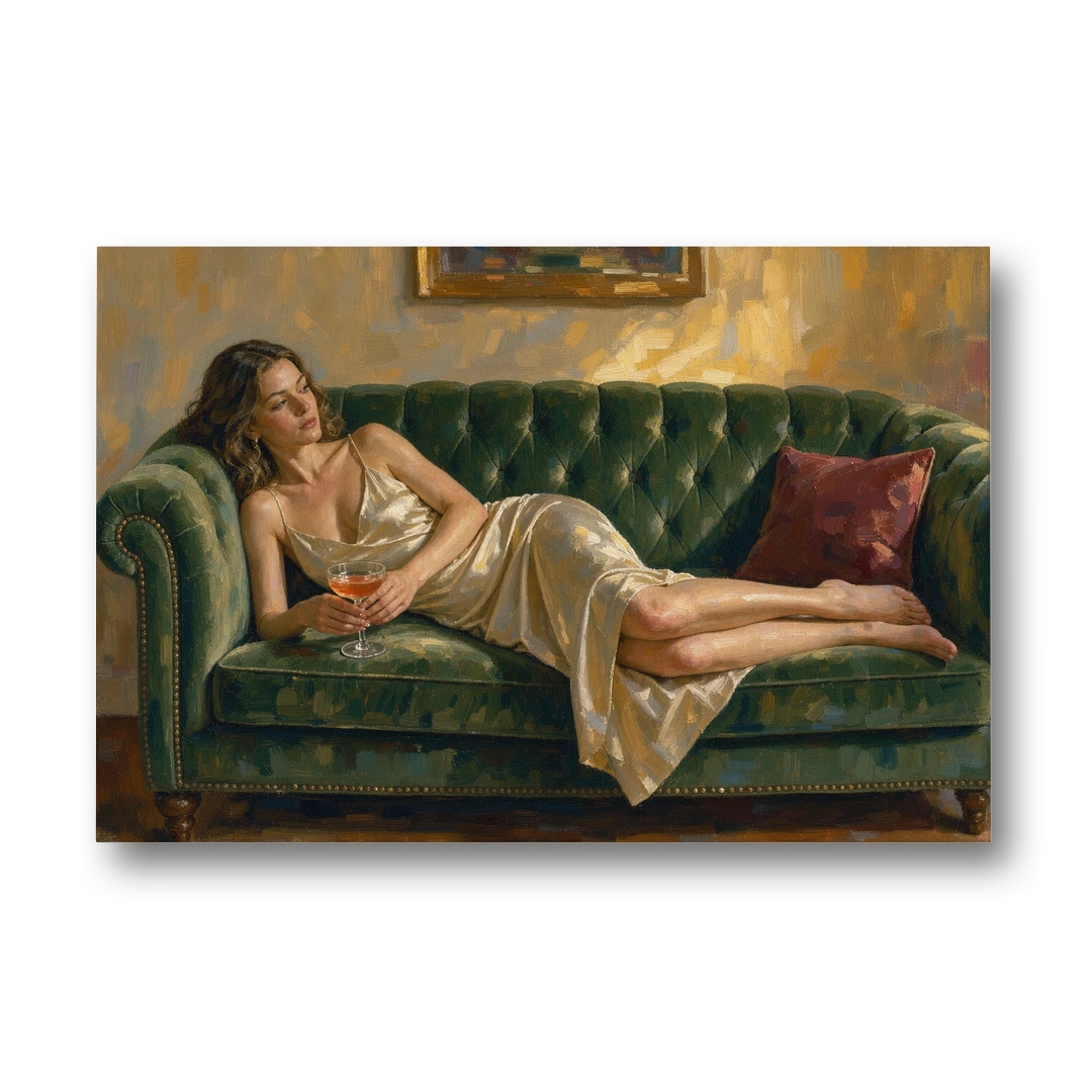 Woman on Sofa Painting with a Blush Coupe - Canvas Wall Art - Front