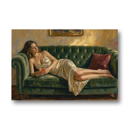 Woman on Sofa Painting with a Blush Coupe - Canvas Wall Art - Front