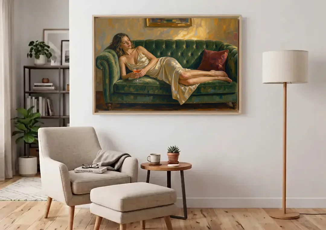 Woman on Sofa Painting with a Blush Coupe canvas wall art above an armchair in a bright living room