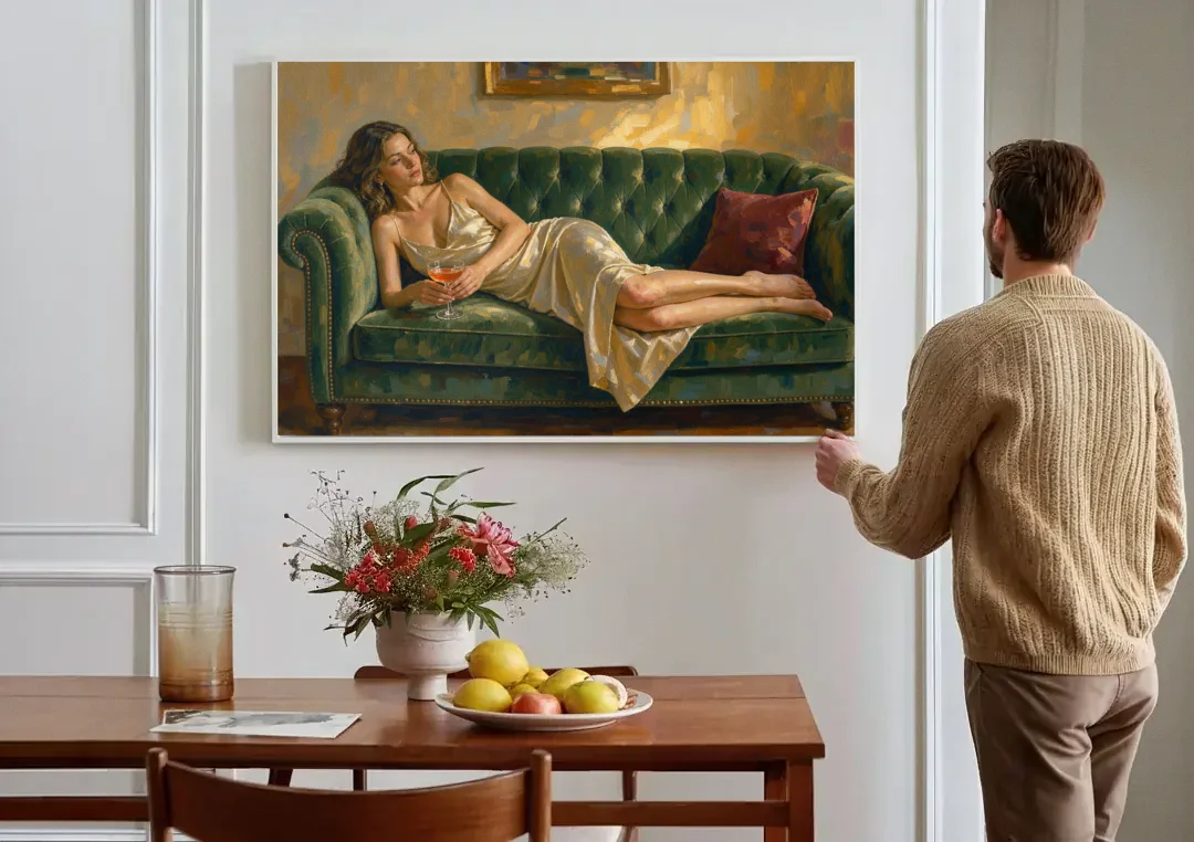 Woman on Sofa Painting with a Blush Coupe canvas wall art above a dining table