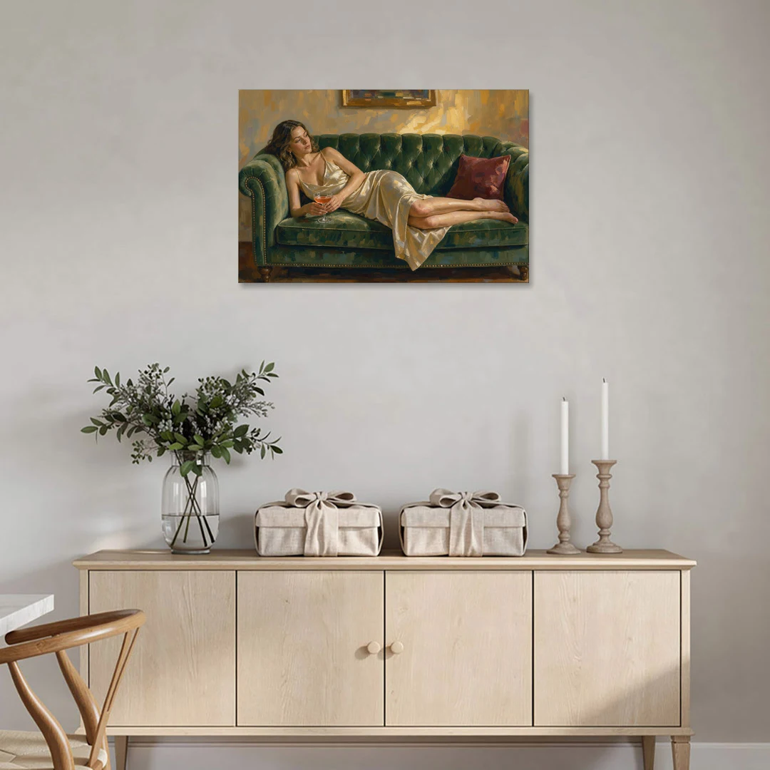 Woman on Sofa Painting with a Blush Coupe - Canvas Wall Art - Coffee Table - 36x24