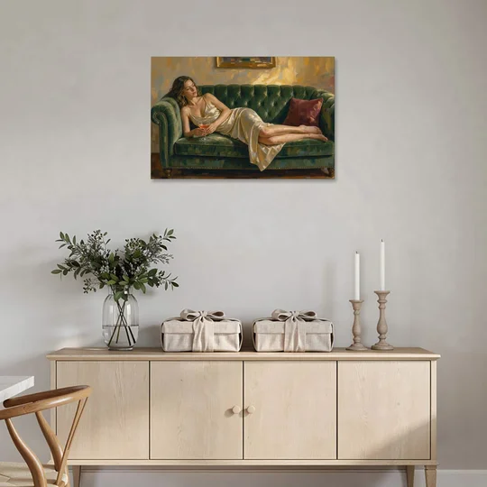 Woman on Sofa Painting with a Blush Coupe - Canvas Wall Art - Coffee Table - 36x24