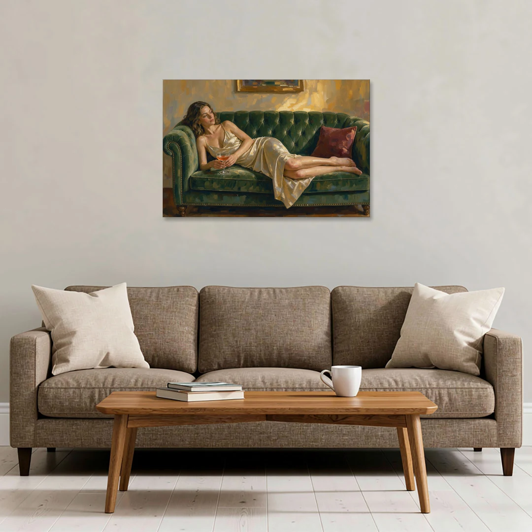 Woman on Sofa Painting with a Blush Coupe - Canvas Wall Art - Sofa - 36x24
