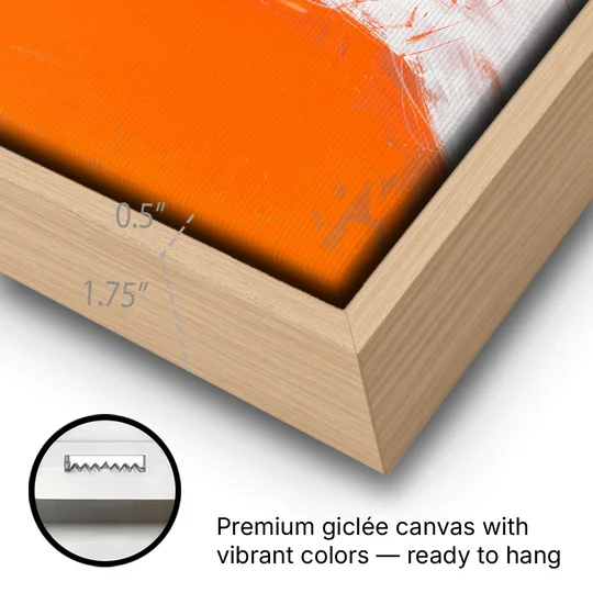 Woman Painting in Bold Orange Strokes - Oak Framed Canvas Wall Art - Gallery Wrap Corner
