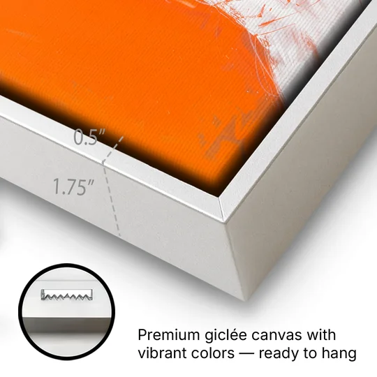 Woman Painting in Bold Orange Strokes - White Framed Canvas Wall Art - Gallery Wrap Corner