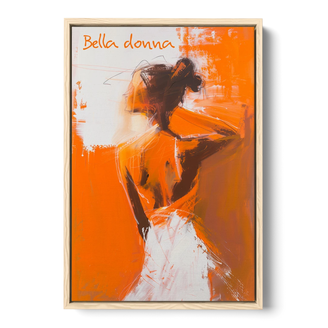 Woman Painting in Bold Orange Strokes - Oak Framed Canvas Wall Art - Front