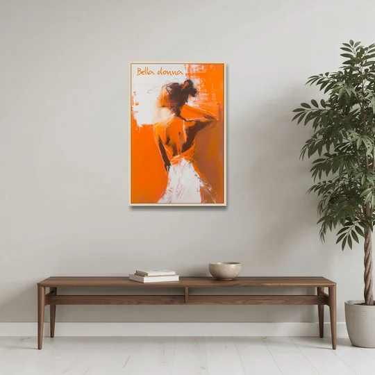 Woman Painting in Bold Orange Strokes - Oak Framed Canvas Wall Art - Coffee Table - 24x36