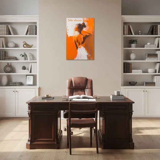 Woman Painting in Bold Orange Strokes - Canvas Wall Art - Office - 24x36
