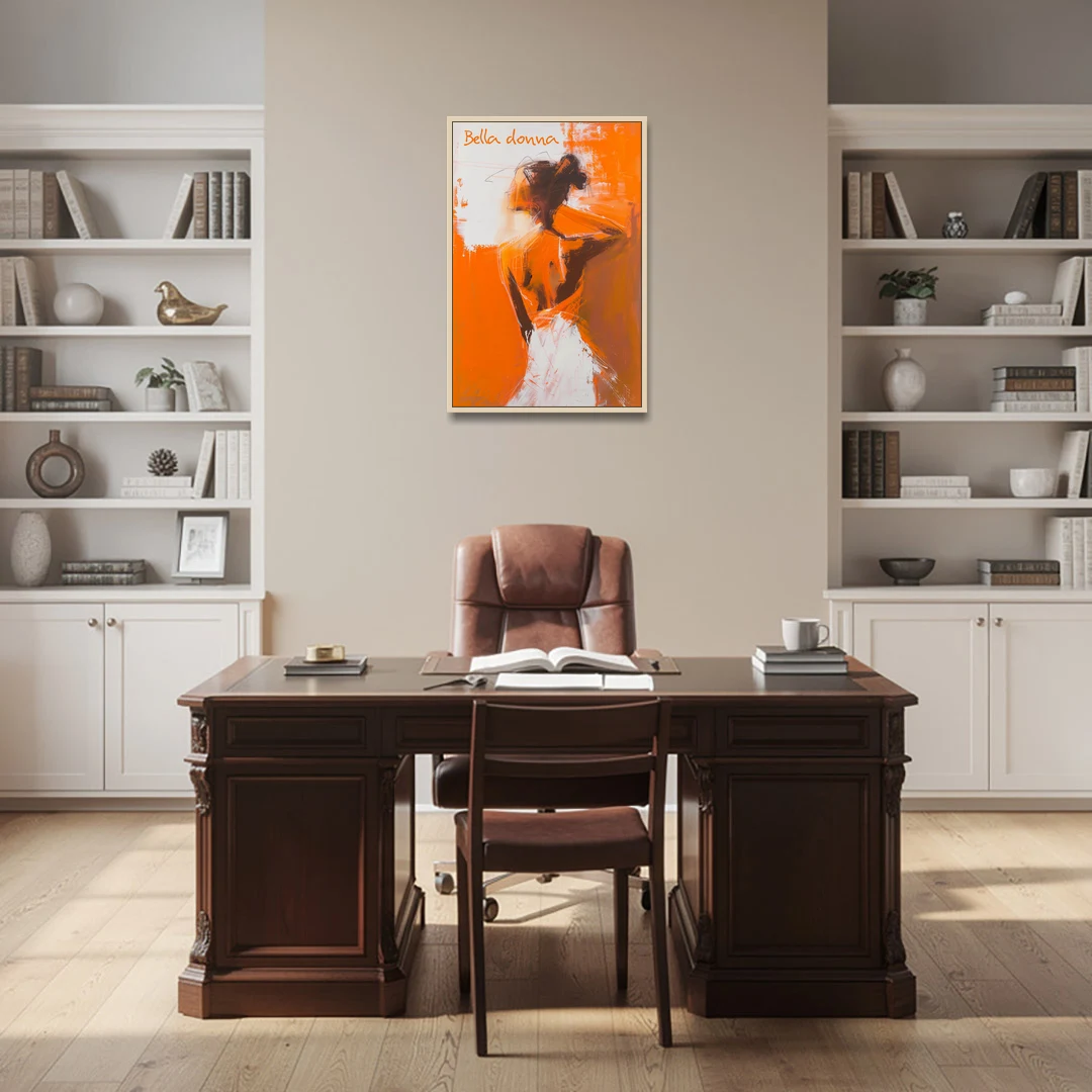 Woman Painting in Bold Orange Strokes - Oak Framed Canvas Wall Art - Office - 24x36