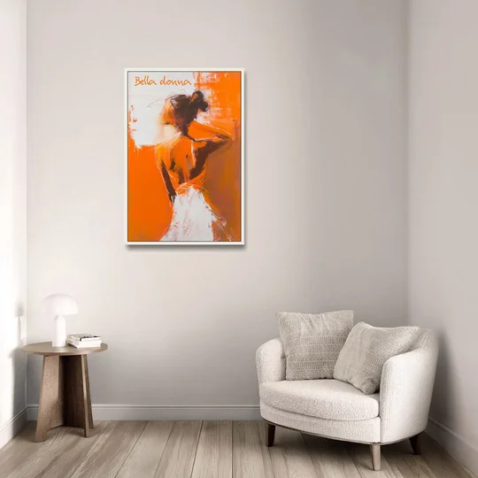 Woman Painting in Bold Orange Strokes - White Framed Canvas Wall Art - Sofa - 24x36
