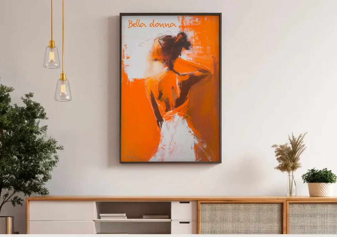 Woman Painting in Bold Orange Strokes canvas wall art above a wooden sideboard under pendant lights