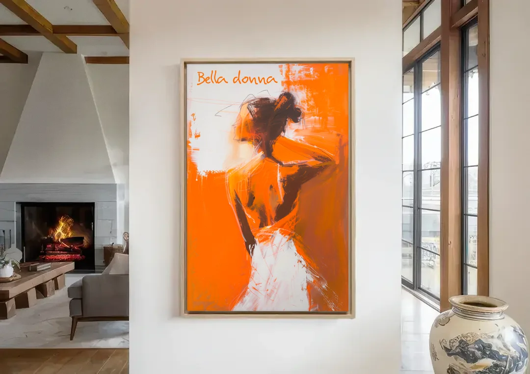 Woman Painting in Bold Orange Strokes canvas wall art in a living room with a fireplace