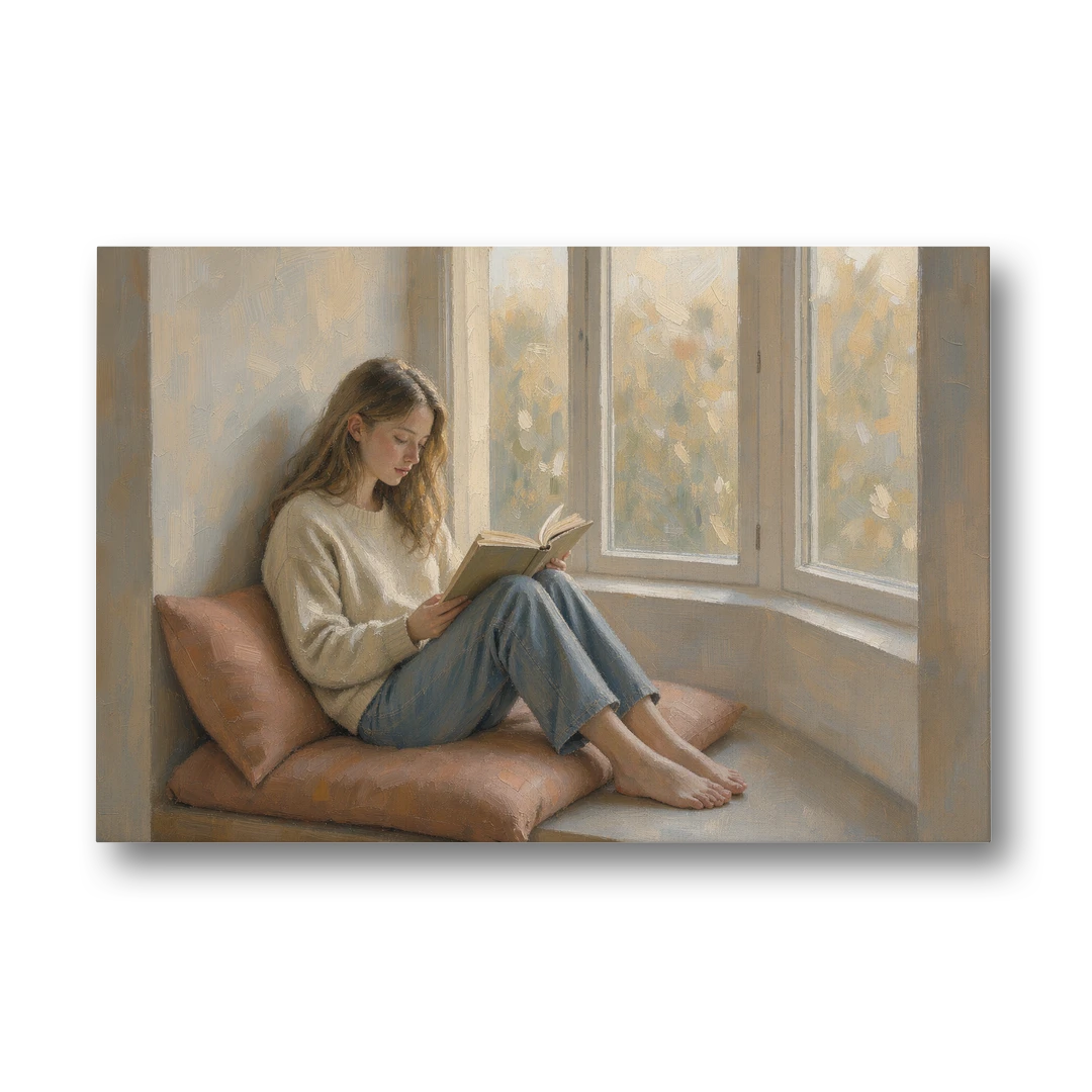 Woman Reading Painting on a Bay Window Seat - Canvas Wall Art - Front