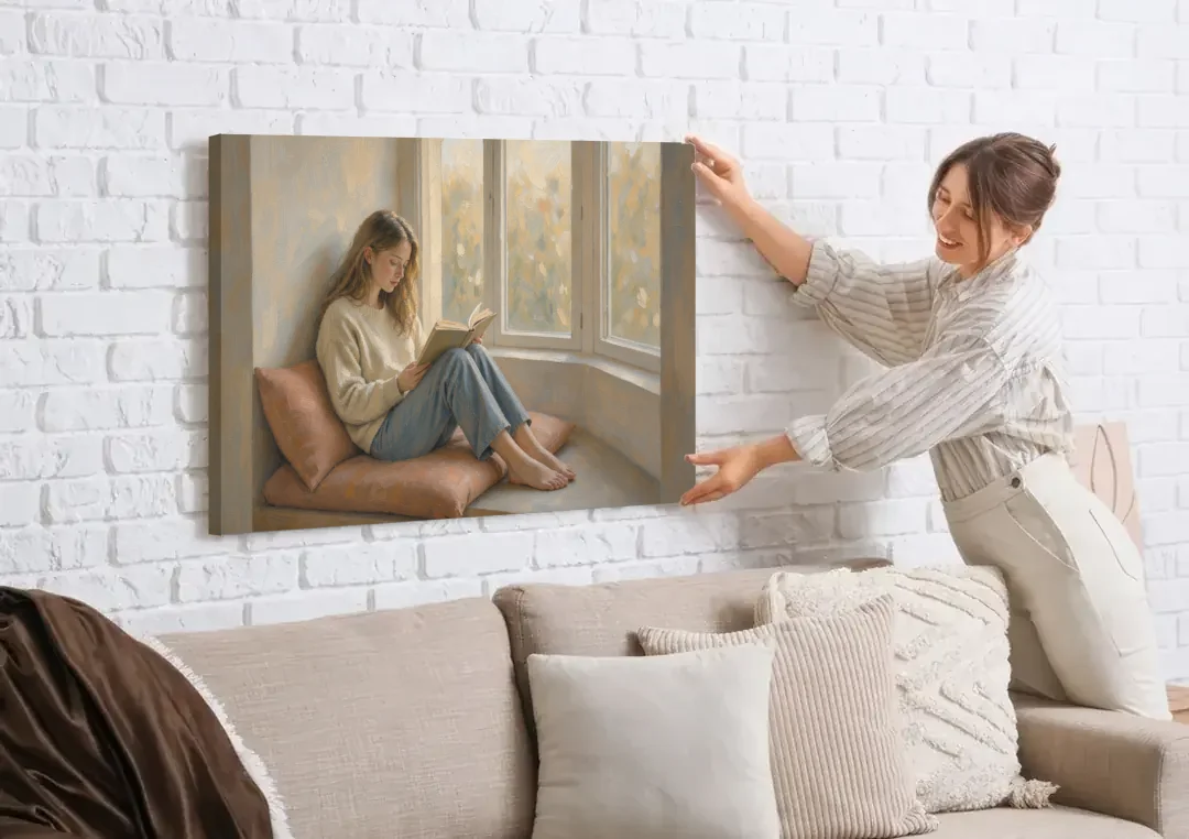 Woman Reading Painting on a Bay Window Seat canvas wall art being hung on a white brick wall above a sofa