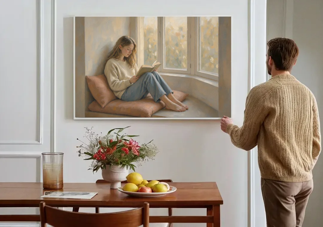 Woman Reading Painting on a Bay Window Seat canvas wall art above a dining table