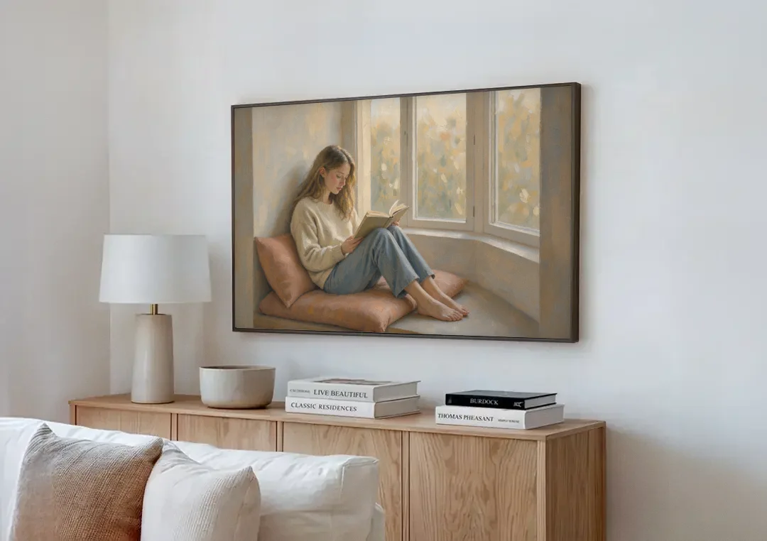 Woman Reading Painting on a Bay Window Seat canvas wall art above a wooden sideboard next to a sofa