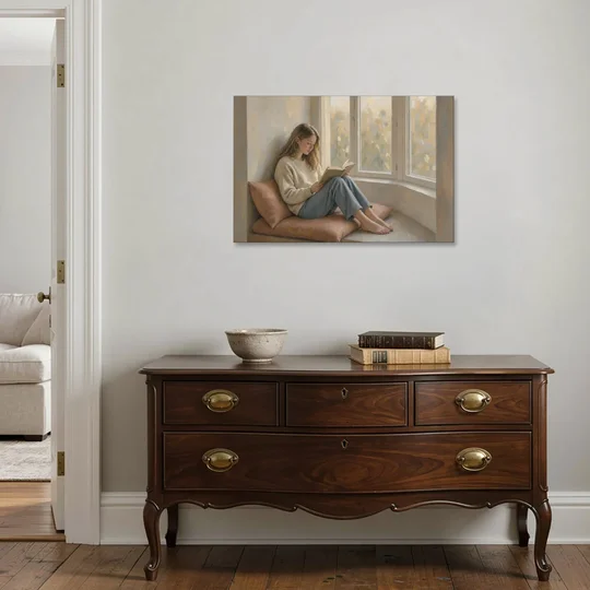 Woman Reading Painting on a Bay Window Seat - Canvas Wall Art - Coffee Table - 36x24