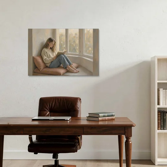 Woman Reading Painting on a Bay Window Seat - Canvas Wall Art - Office - 36x24