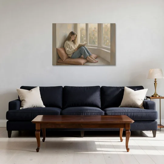 Woman Reading Painting on a Bay Window Seat - Canvas Wall Art - Sofa - 36x24