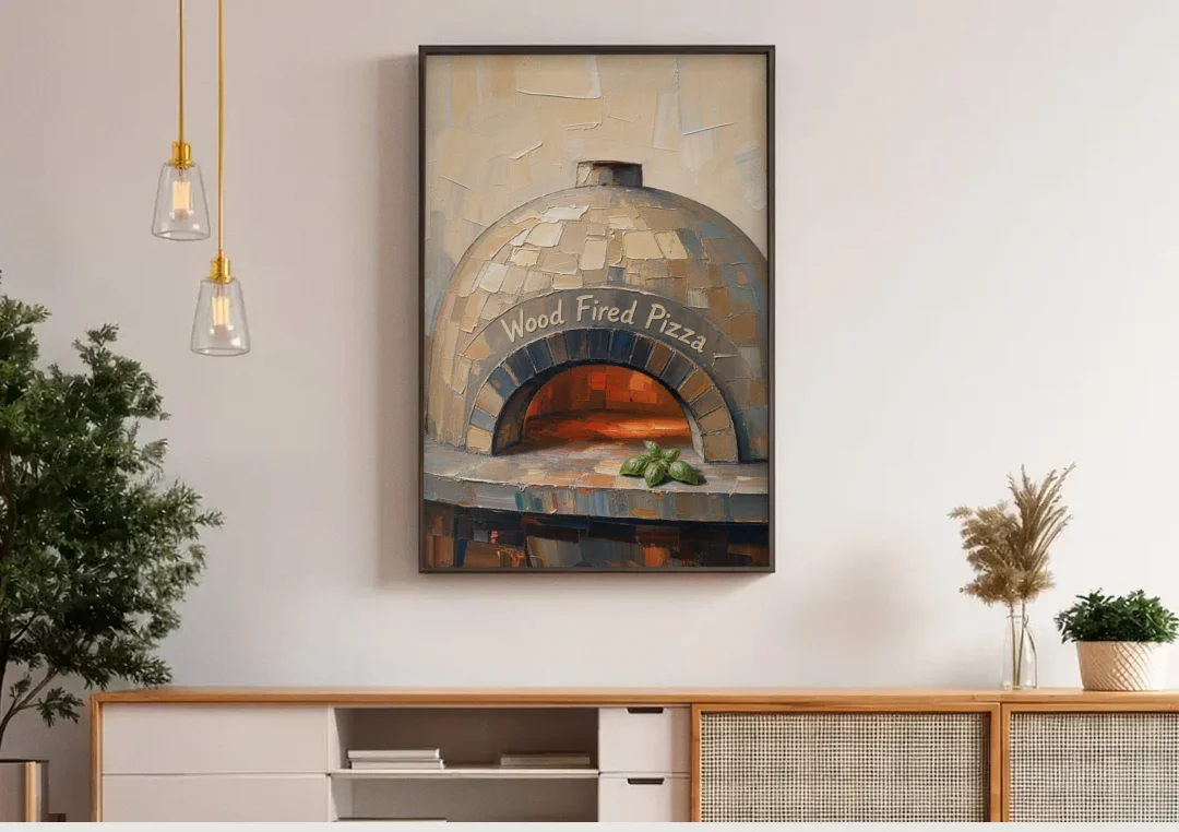Wood Fired Pizza Oven with Glowing Brick Arch canvas wall art above a wooden sideboard under pendant lights