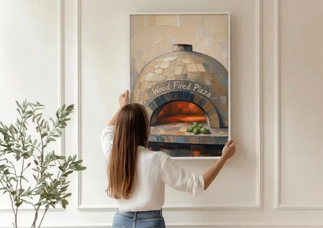 Wood Fired Pizza Oven with Glowing Brick Arch canvas wall art being hung on a paneled wall