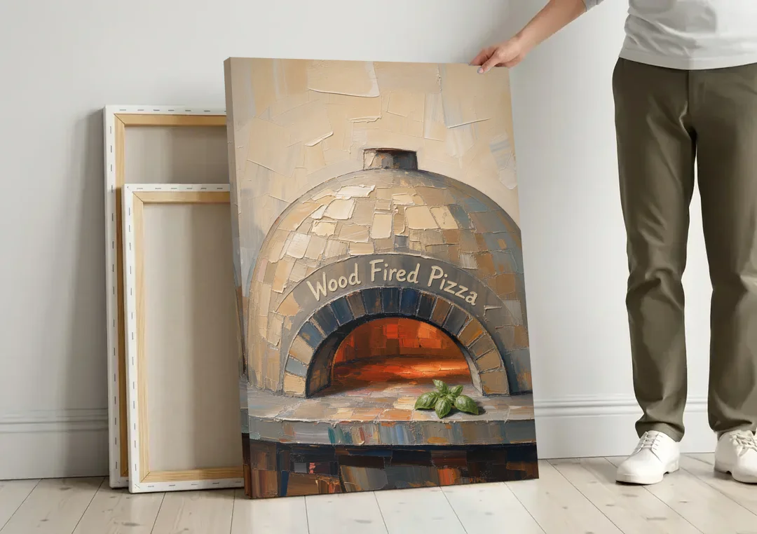 Wood Fired Pizza Oven with Glowing Brick Arch canvas wall art leaning against a wall next to blank canvases