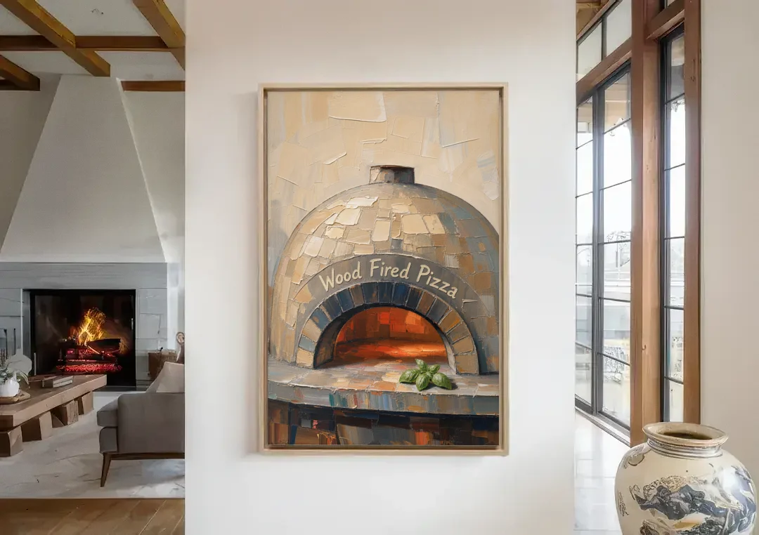 Wood Fired Pizza Oven with Glowing Brick Arch canvas wall art in a living room with a fireplace