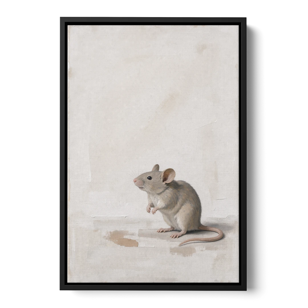 Wood Mouse Sitting Up for a Cream Nursery - Black Framed Canvas Wall Art - Front