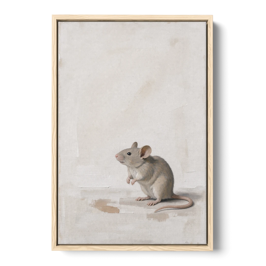 Wood Mouse Sitting Up for a Cream Nursery - Oak Framed Canvas Wall Art - Front