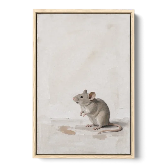 Wood Mouse Sitting Up for a Cream Nursery - Oak Framed Canvas Wall Art - Front