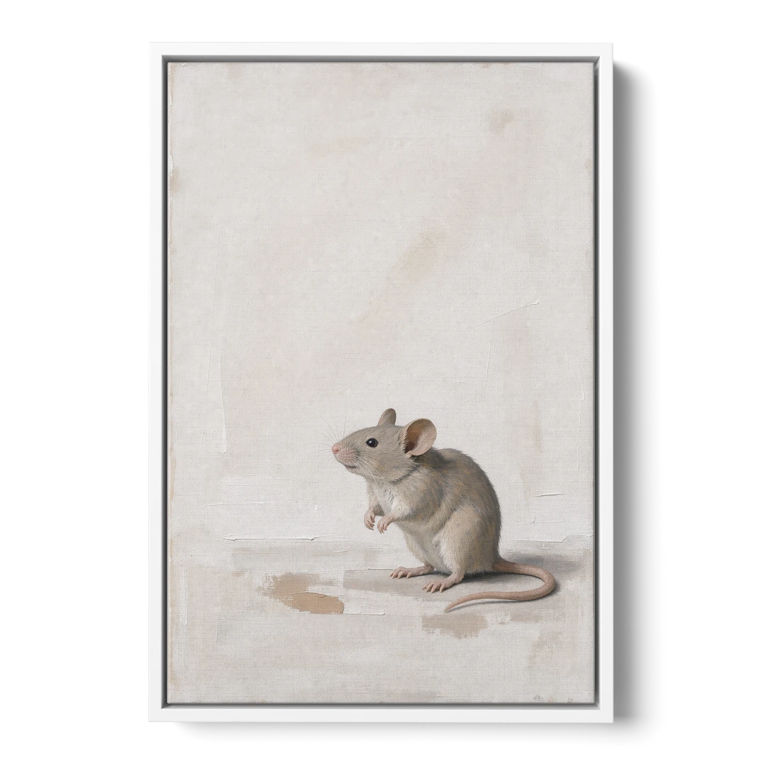 Wood Mouse Sitting Up for a Cream Nursery - White Framed Canvas Wall Art - Front